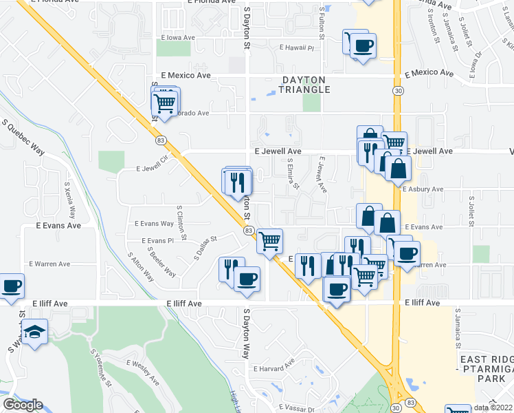 map of restaurants, bars, coffee shops, grocery stores, and more near 1250 S Dayton Ct in Denver