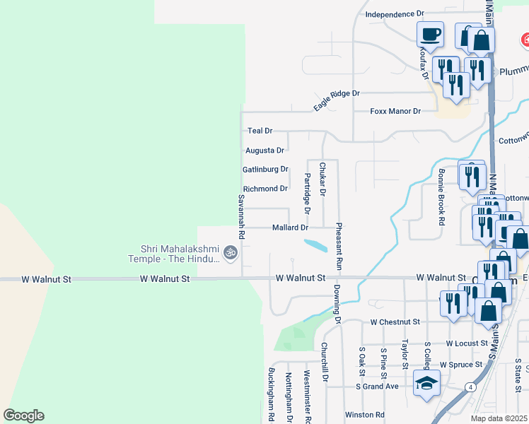 map of restaurants, bars, coffee shops, grocery stores, and more near 524 Cumberland Drive in Chatham