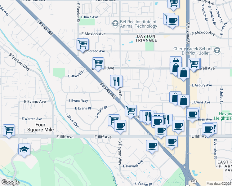 map of restaurants, bars, coffee shops, grocery stores, and more near in Aurora