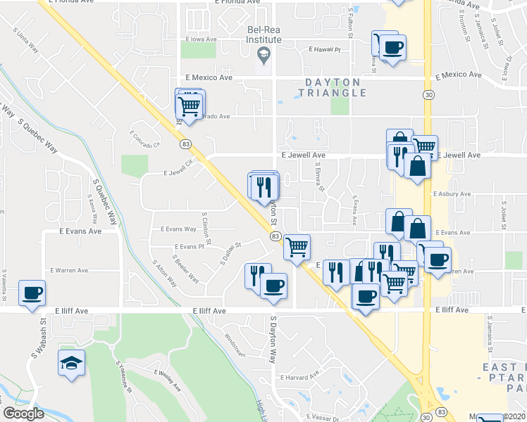 map of restaurants, bars, coffee shops, grocery stores, and more near in Aurora
