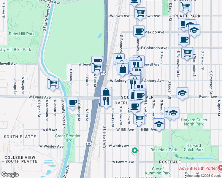map of restaurants, bars, coffee shops, grocery stores, and more near 2028 South Cherokee Street in Denver