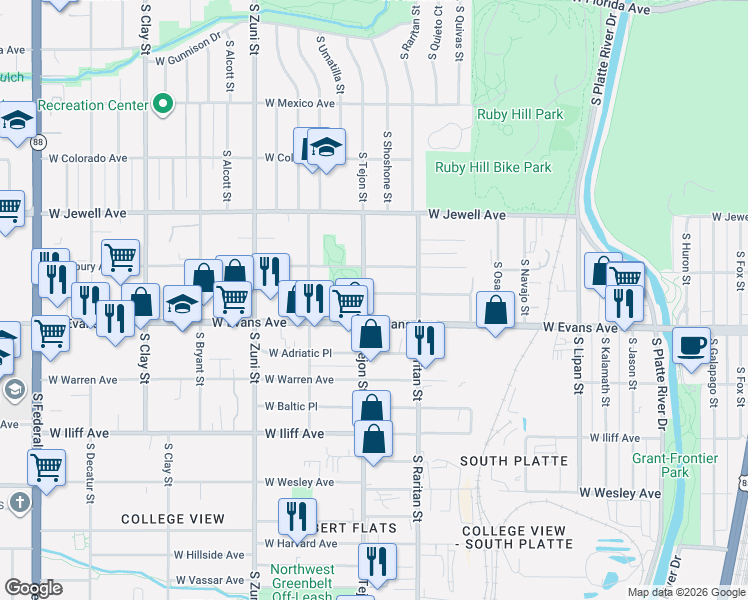 map of restaurants, bars, coffee shops, grocery stores, and more near 1970 West Pacific Place in Denver