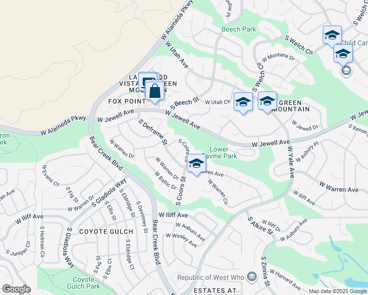 map of restaurants, bars, coffee shops, grocery stores, and more near 2139 South Coors Circle in Lakewood