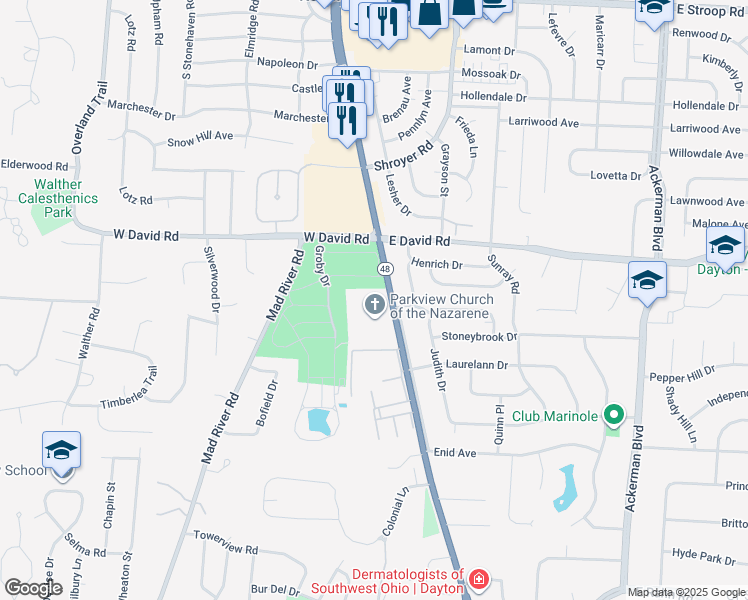 map of restaurants, bars, coffee shops, grocery stores, and more near 4627 Far Hills Avenue in Kettering