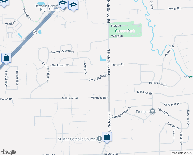 map of restaurants, bars, coffee shops, grocery stores, and more near 6410 Glory Maple Lane in Indianapolis