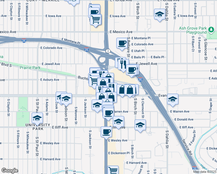 map of restaurants, bars, coffee shops, grocery stores, and more near 2024 South Colorado Boulevard in Denver