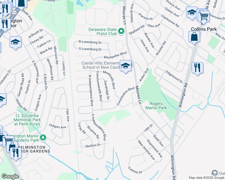 map of restaurants, bars, coffee shops, grocery stores, and more near 14 Monticello Boulevard in New Castle