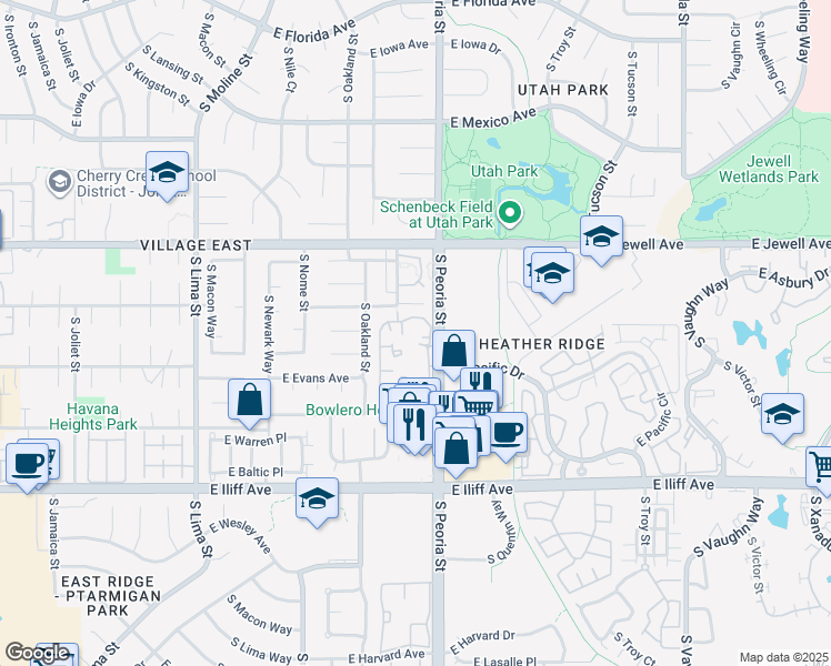 map of restaurants, bars, coffee shops, grocery stores, and more near 2055 South Paris Way in Aurora