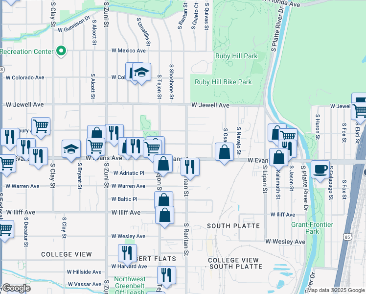 map of restaurants, bars, coffee shops, grocery stores, and more near 2055 South Raritan Street in Denver