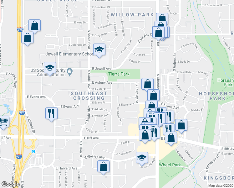 map of restaurants, bars, coffee shops, grocery stores, and more near 14805 E Evans Ave in Aurora