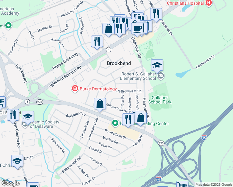 map of restaurants, bars, coffee shops, grocery stores, and more near 301 North Brownleaf Road in Newark
