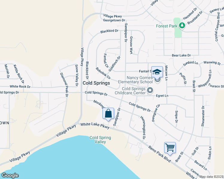 map of restaurants, bars, coffee shops, grocery stores, and more near 3820 Bobolink Circle in Reno