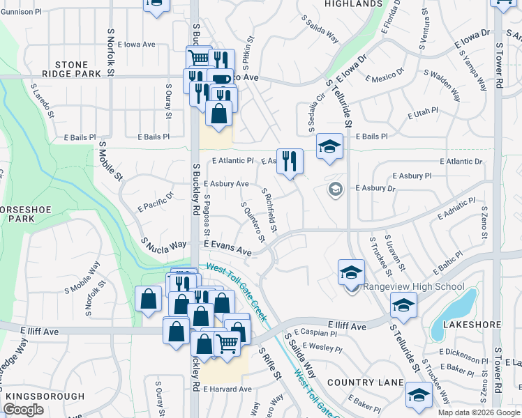 map of restaurants, bars, coffee shops, grocery stores, and more near 17269 East Evans Drive in Aurora