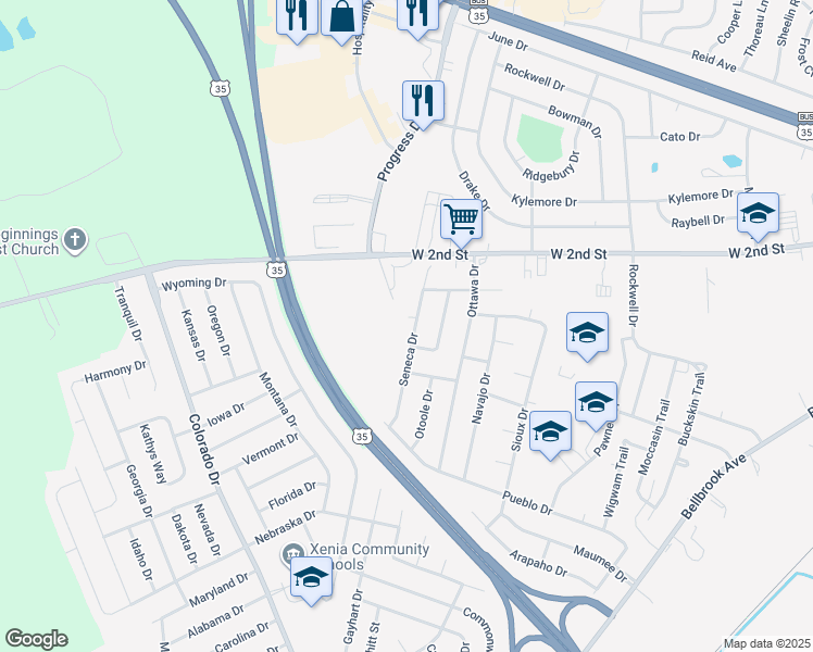 map of restaurants, bars, coffee shops, grocery stores, and more near 1458 Seneca Drive in Xenia