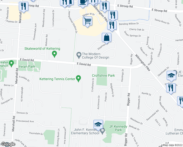 map of restaurants, bars, coffee shops, grocery stores, and more near 4527 Croftshire Drive in Kettering