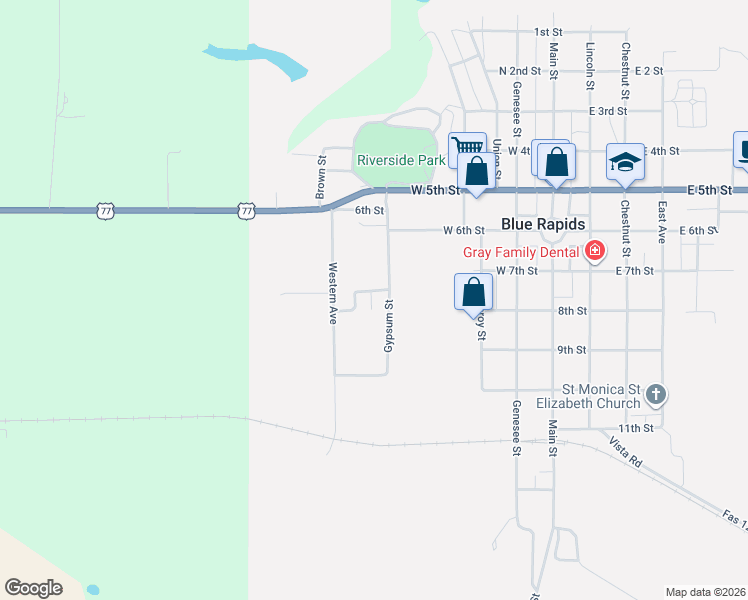 map of restaurants, bars, coffee shops, grocery stores, and more near 707 Gypsum Street in Blue Rapids