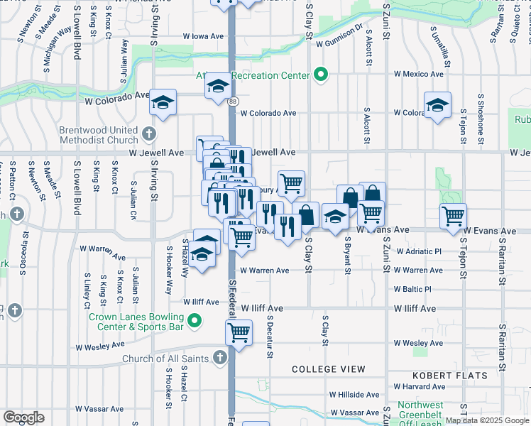 map of restaurants, bars, coffee shops, grocery stores, and more near 2825 West Evans Avenue in Denver
