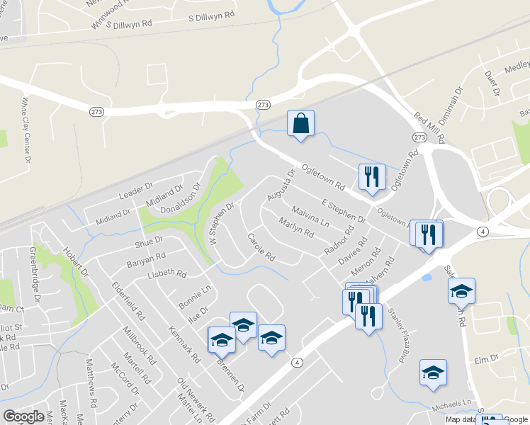 map of restaurants, bars, coffee shops, grocery stores, and more near 23 Augusta Drive in Newark