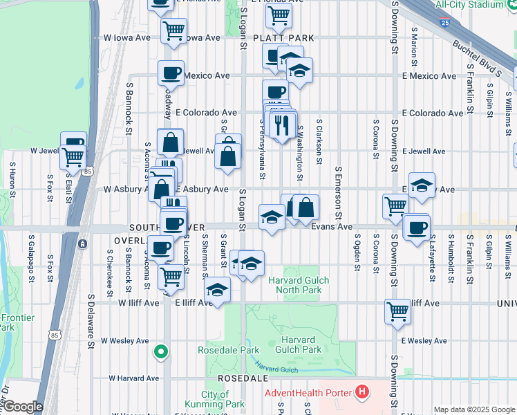 map of restaurants, bars, coffee shops, grocery stores, and more near 2047 South Pennsylvania Street in Denver