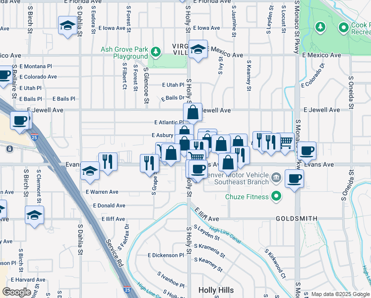 map of restaurants, bars, coffee shops, grocery stores, and more near 2080 South Holly Street in Denver
