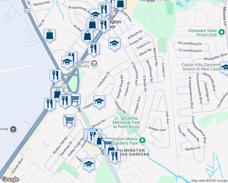 map of restaurants, bars, coffee shops, grocery stores, and more near 17 Crippen Drive in Wilmington Manor