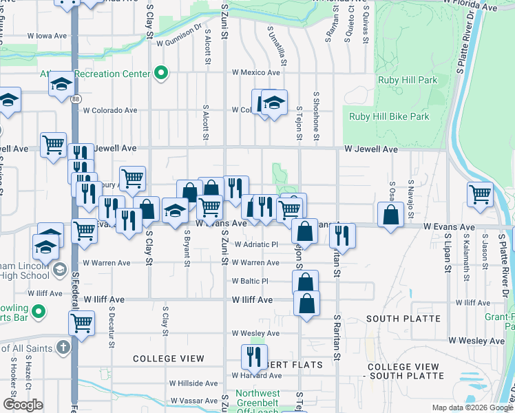 map of restaurants, bars, coffee shops, grocery stores, and more near 2211 West Evans Avenue in Denver