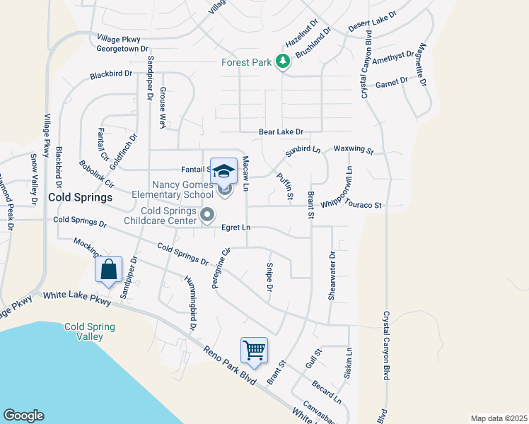 map of restaurants, bars, coffee shops, grocery stores, and more near 17420 Whippoorwill Lane in Reno