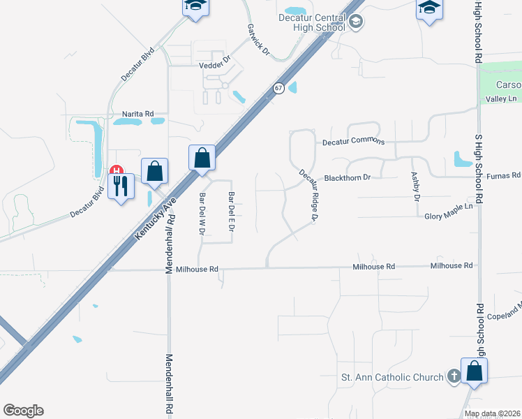 map of restaurants, bars, coffee shops, grocery stores, and more near 5803 Long Ridge Place in Indianapolis
