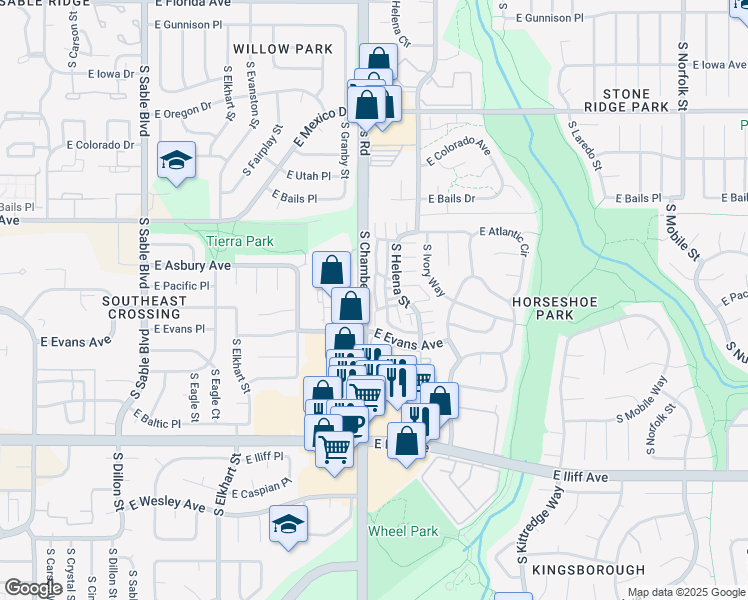 map of restaurants, bars, coffee shops, grocery stores, and more near 2009D South Hannibal Street in Aurora