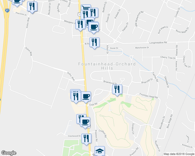 map of restaurants, bars, coffee shops, grocery stores, and more near 18712 Briarwood Drive in Hagerstown