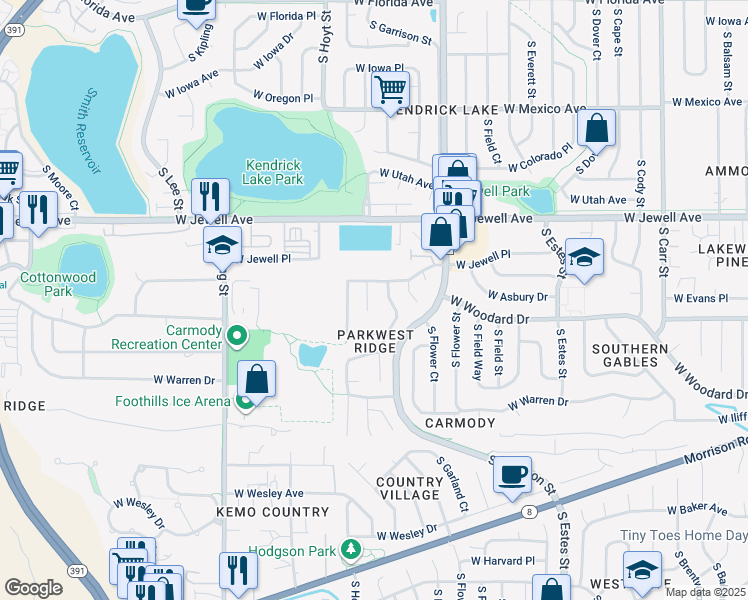 map of restaurants, bars, coffee shops, grocery stores, and more near 1974 South Holland Court in Lakewood