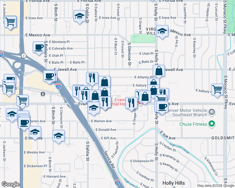 map of restaurants, bars, coffee shops, grocery stores, and more near 5174 East Asbury Avenue in Denver