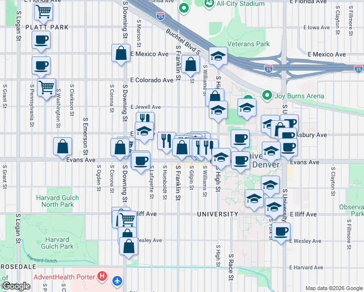 map of restaurants, bars, coffee shops, grocery stores, and more near 2044 South Franklin Street in Denver
