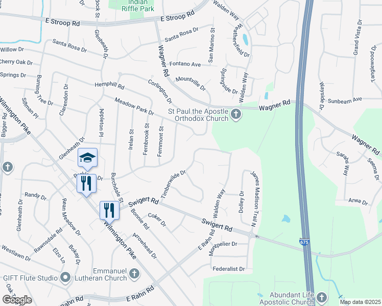 map of restaurants, bars, coffee shops, grocery stores, and more near 4385 Timberwilde Drive in Dayton