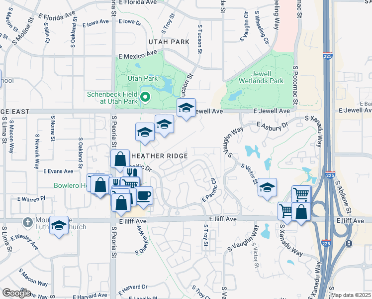 map of restaurants, bars, coffee shops, grocery stores, and more near 12655 East Pacific Circle in Aurora
