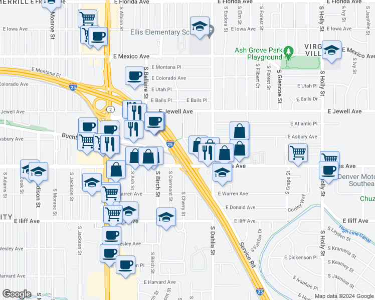 map of restaurants, bars, coffee shops, grocery stores, and more near 4630 East Asbury Circle in Denver