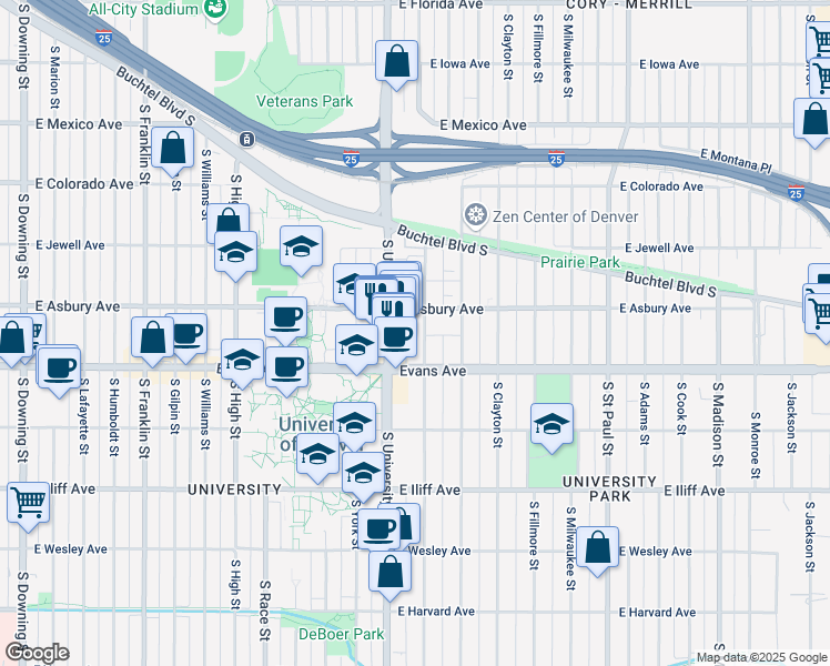 map of restaurants, bars, coffee shops, grocery stores, and more near 2040 South Josephine Street in Denver