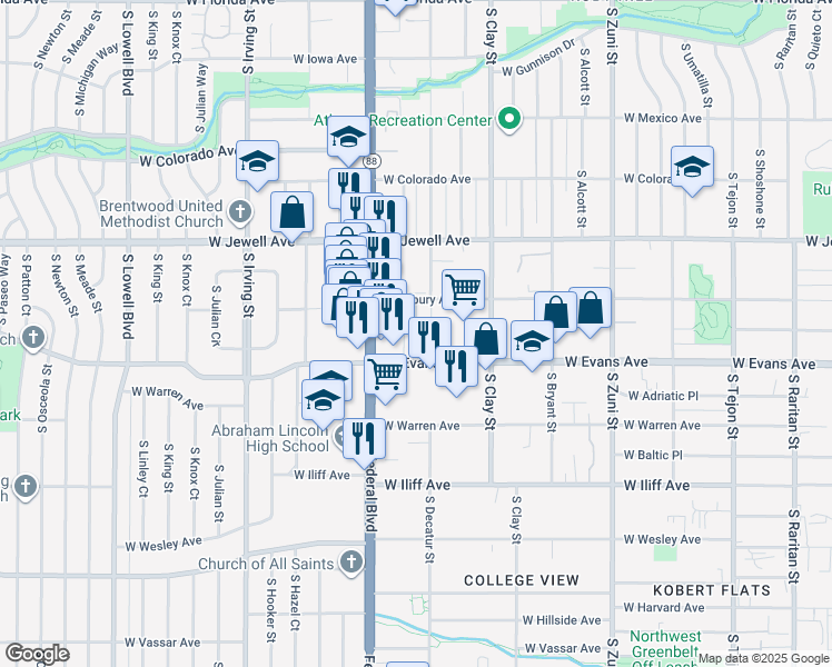 map of restaurants, bars, coffee shops, grocery stores, and more near 2727 West Evans Avenue in Denver
