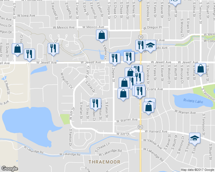 map of restaurants, bars, coffee shops, grocery stores, and more near 5735 West Asbury Place in Lakewood