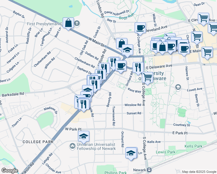 map of restaurants, bars, coffee shops, grocery stores, and more near 281 Beverly Road in Newark