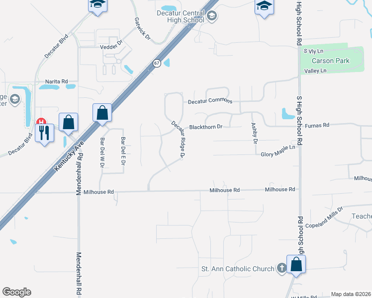 map of restaurants, bars, coffee shops, grocery stores, and more near 5805 Decatur Ridge Drive in Indianapolis