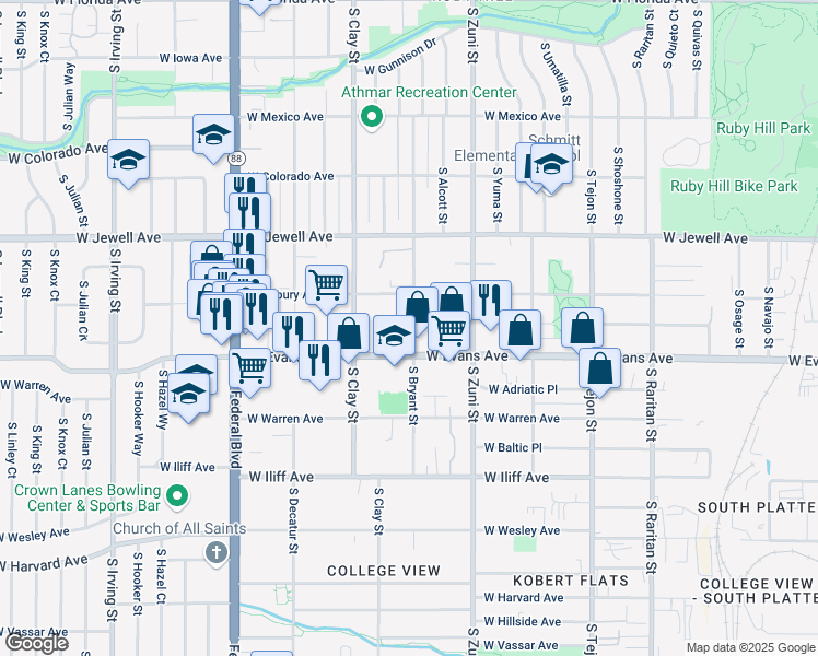 map of restaurants, bars, coffee shops, grocery stores, and more near 2049 South Bryant Street in Denver