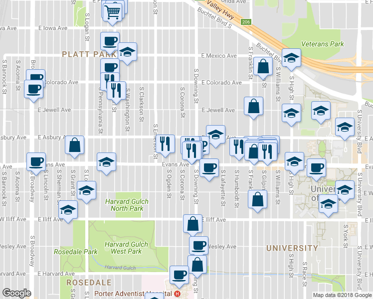 map of restaurants, bars, coffee shops, grocery stores, and more near 2040 South Corona Street in Denver