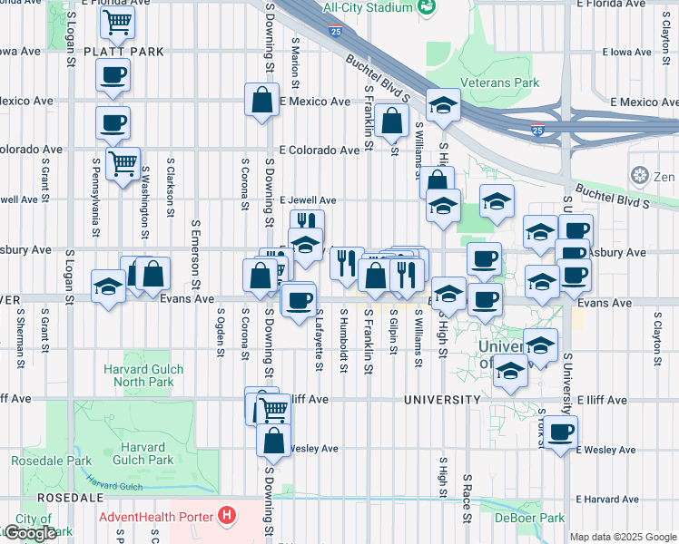 map of restaurants, bars, coffee shops, grocery stores, and more near 2053 South Humboldt Street in Denver