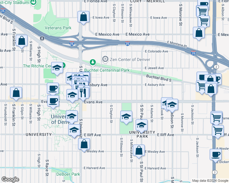 map of restaurants, bars, coffee shops, grocery stores, and more near 2034 South Clayton Street in Denver