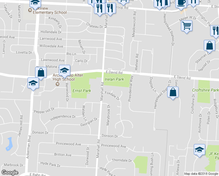 map of restaurants, bars, coffee shops, grocery stores, and more near 1309 Partridge Run Circle in Dayton