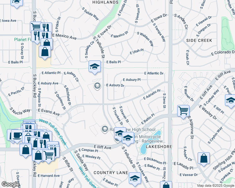 map of restaurants, bars, coffee shops, grocery stores, and more near 2048 South Uravan Street in Aurora