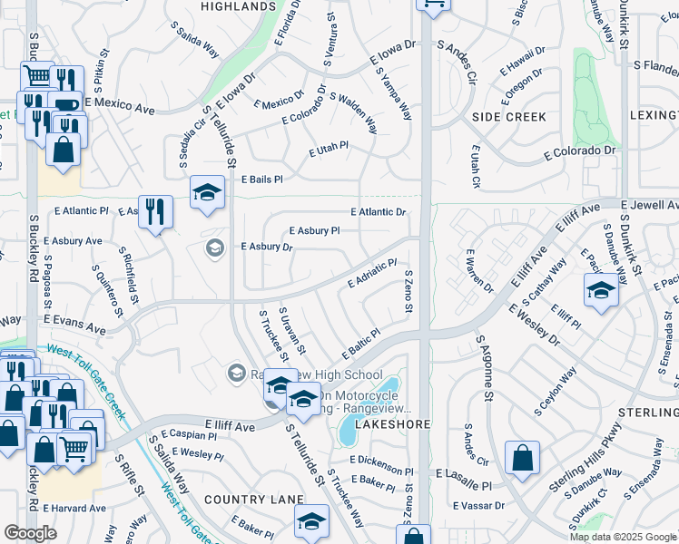map of restaurants, bars, coffee shops, grocery stores, and more near 18161 East Evans Avenue in Aurora