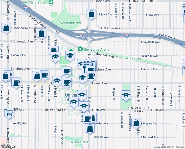 map of restaurants, bars, coffee shops, grocery stores, and more near 2021 South University Boulevard in Denver