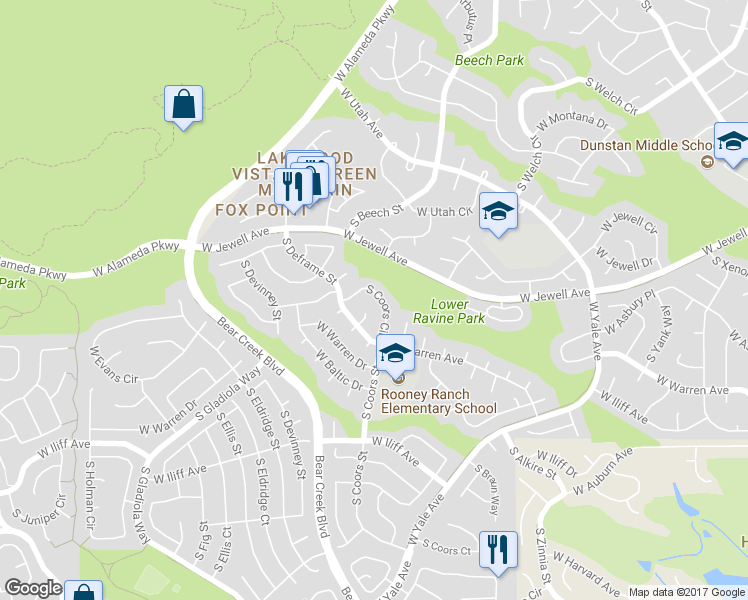 map of restaurants, bars, coffee shops, grocery stores, and more near 2139 South Coors Circle in Lakewood